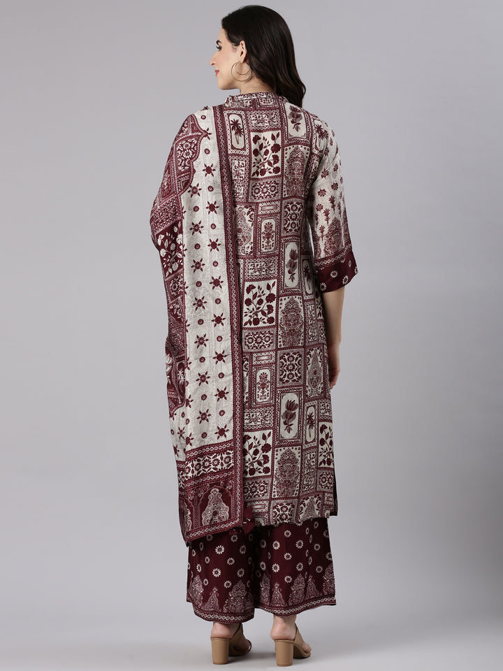 Wine Muslin Printed Three Piece Set