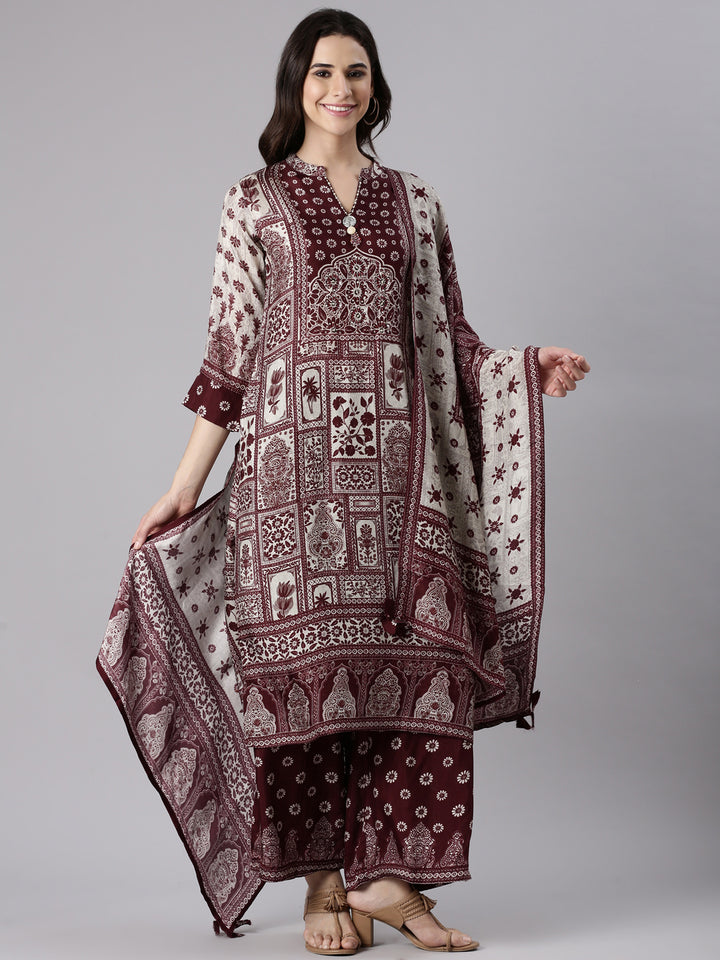 Wine Muslin Printed Three Piece Set