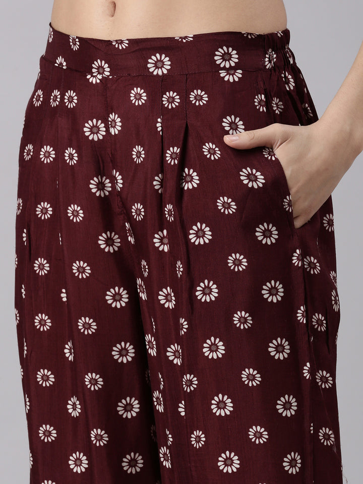 Wine Muslin Printed Three Piece Set