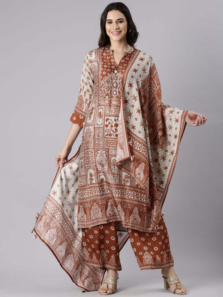 Rust Muslin Printed Three Piece Set