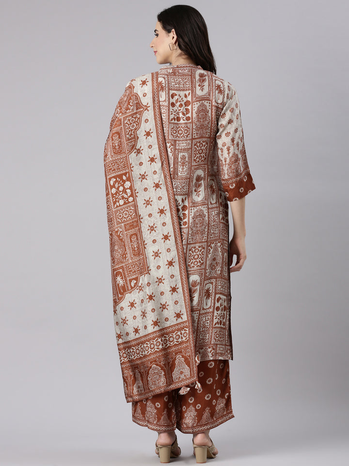 Rust Muslin Printed Three Piece Set