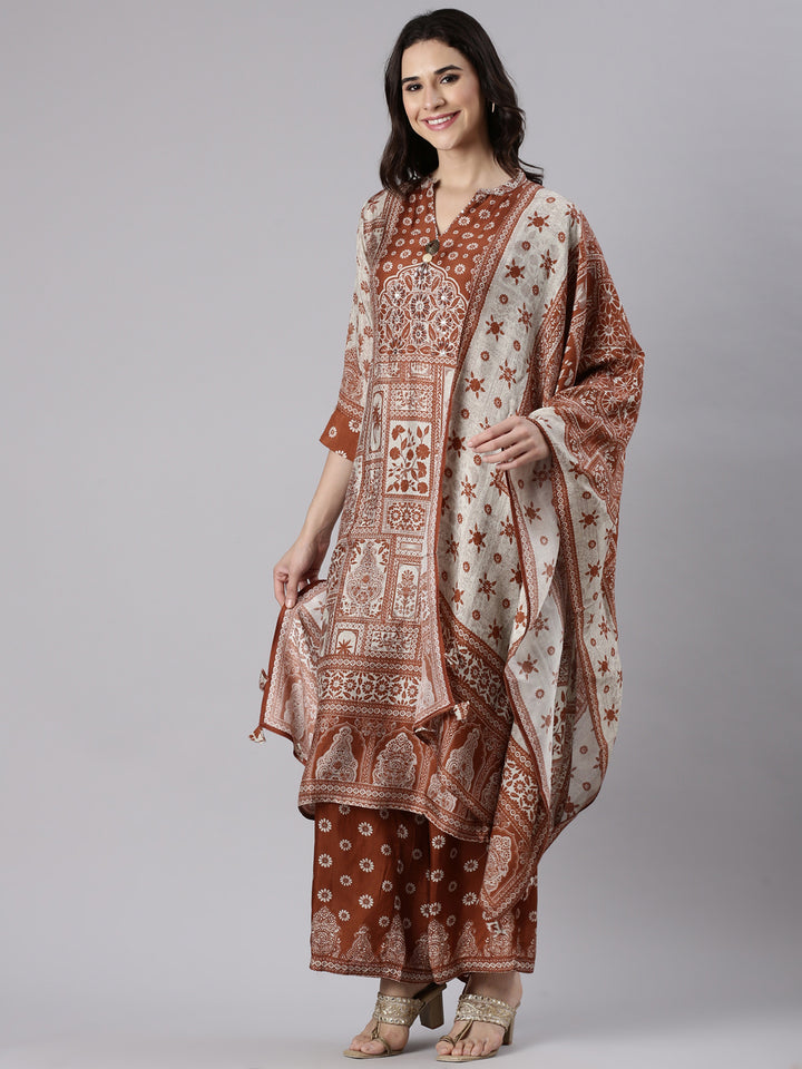 Rust Muslin Printed Three Piece Set