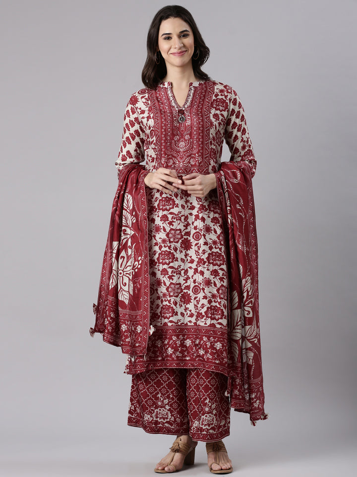 Maroon Muslin Printed Three Piece Set