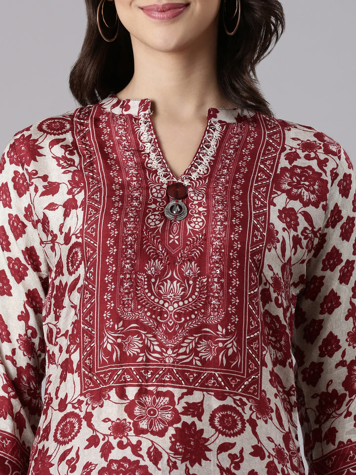 Maroon Muslin Printed Three Piece Set