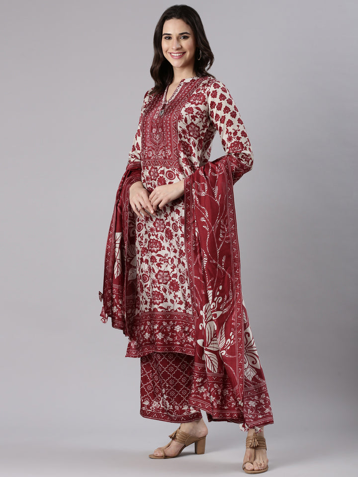 Maroon Muslin Printed Three Piece Set