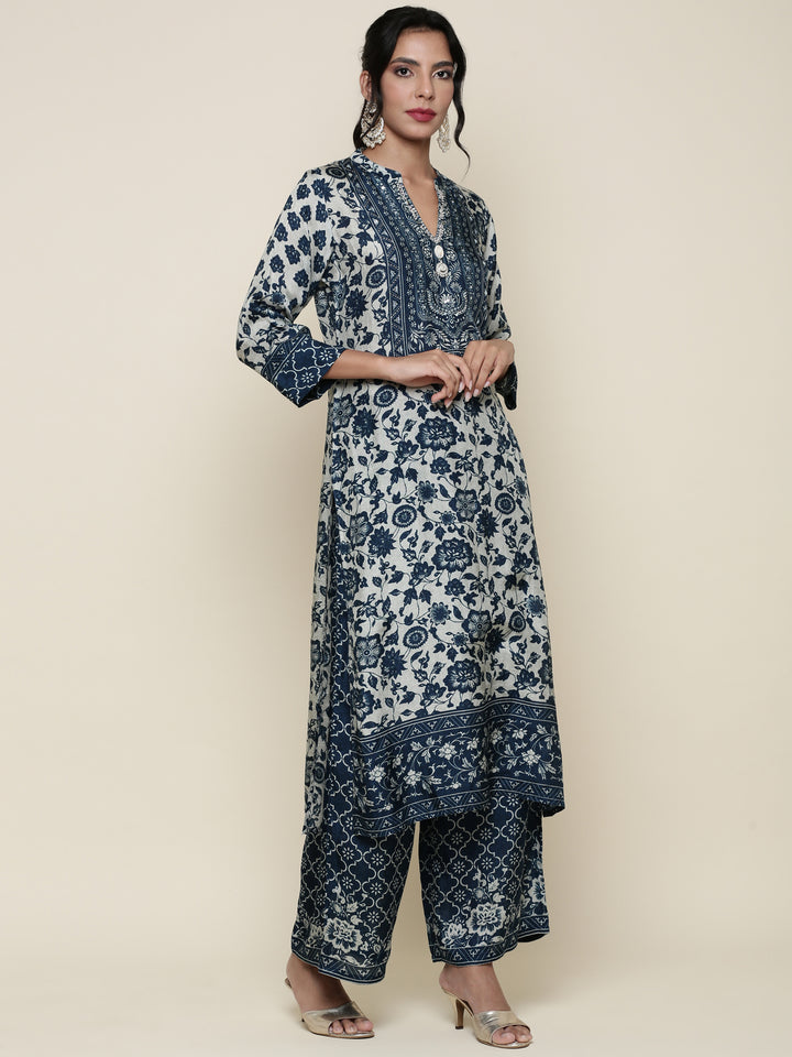 Indigo Muslin Digital printed Three piece suit set