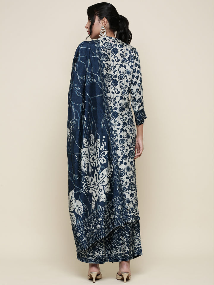 Indigo Muslin Digital printed Three piece suit set