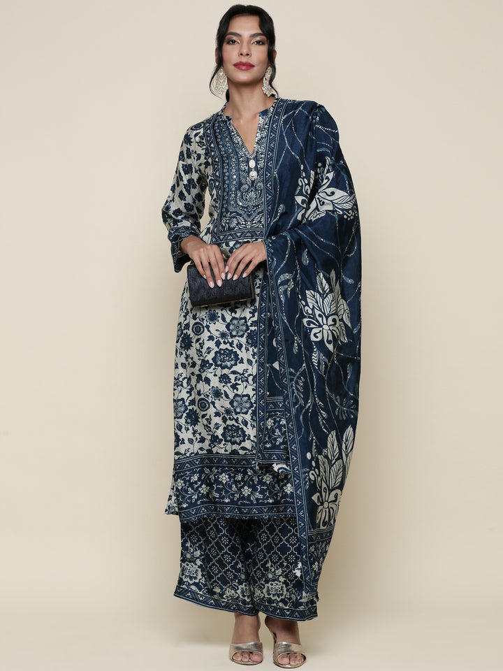 Indigo Muslin Digital printed Three piece suit set