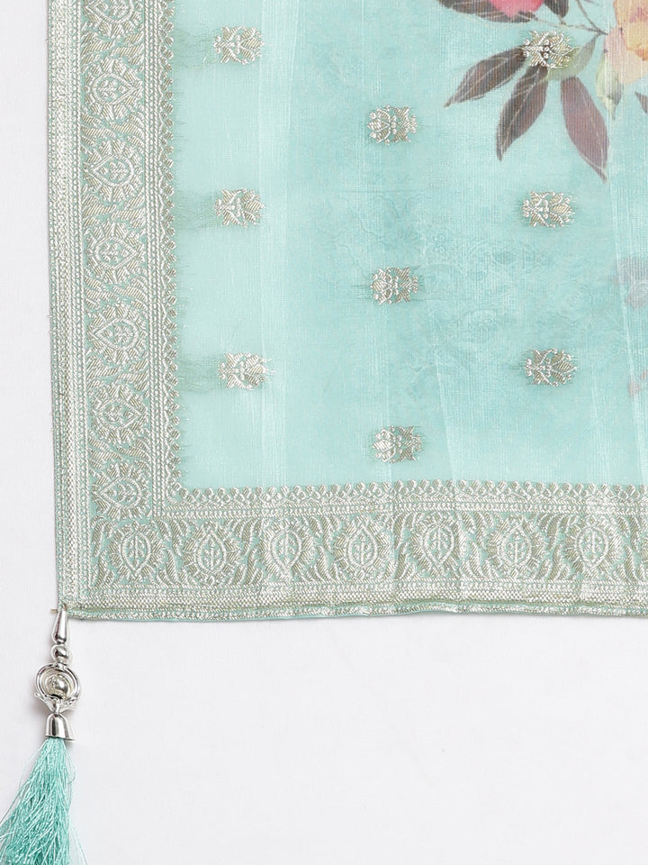 Neerus Green Panelled Straight Kurta and Trousers With Dupatta