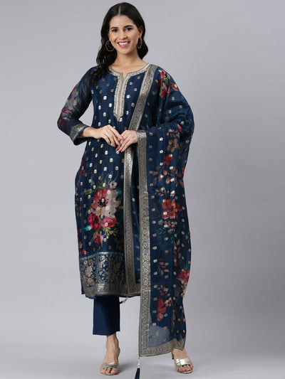 Neerus Blue Regular Straight Printed Kurta and Trousers With Dupatta