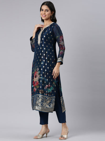 Neerus Blue Regular Straight Printed Kurta and Trousers With Dupatta