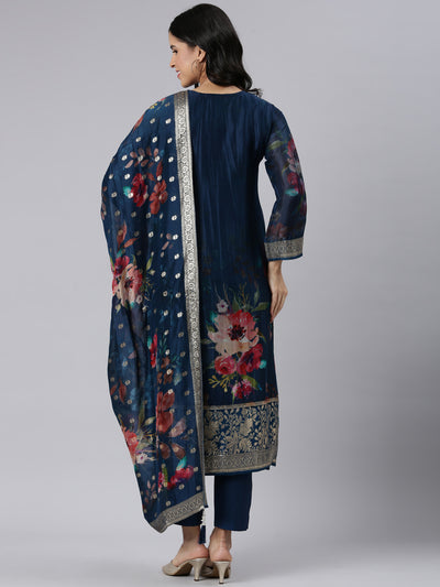 Neerus Blue Regular Straight Printed Kurta and Trousers With Dupatta