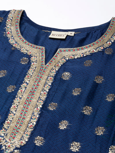 Neerus Blue Regular Straight Printed Kurta and Trousers With Dupatta