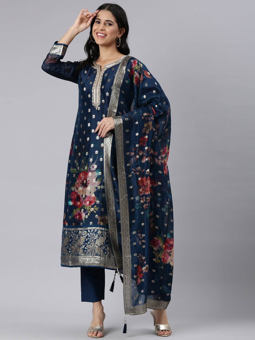 Neerus Blue Regular Straight Printed Kurta and Trousers With Dupatta