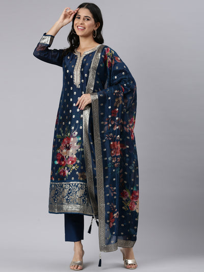 Neerus Blue Regular Straight Printed Kurta and Trousers With Dupatta
