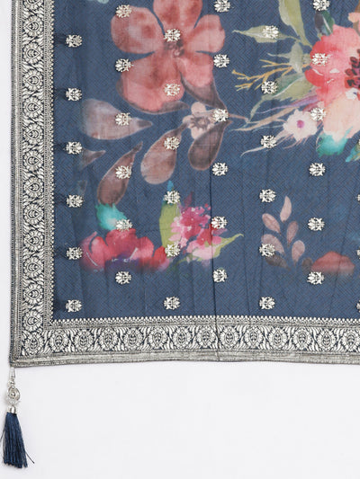 Neerus Blue Regular Straight Printed Kurta and Trousers With Dupatta