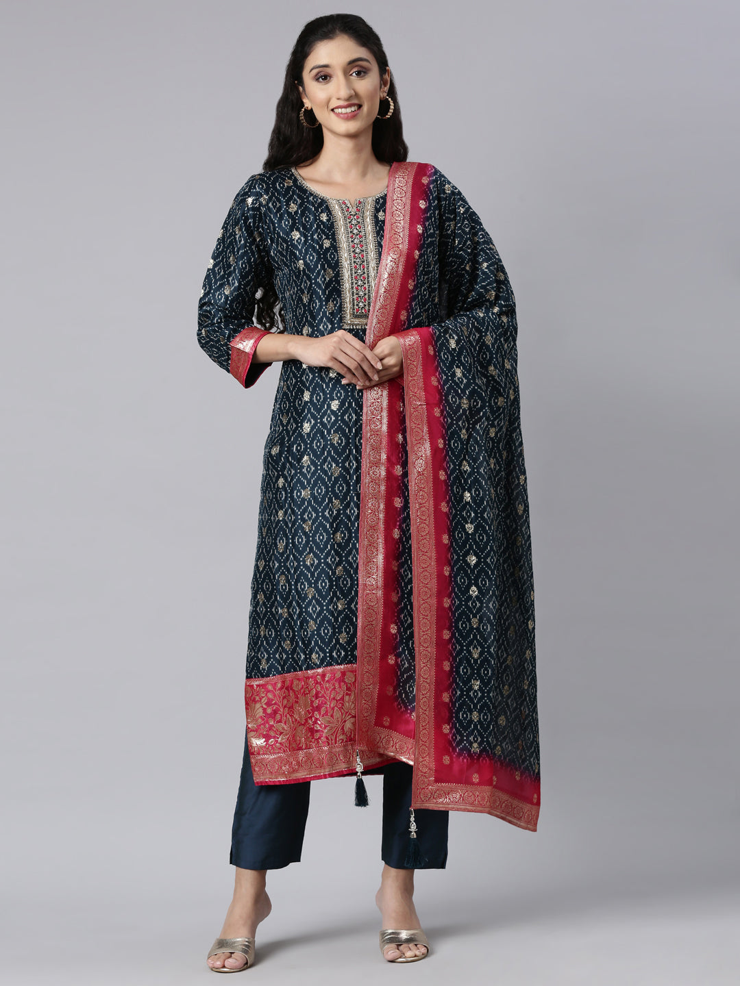 Neerus Blue Panelled Straight Kurta and Trousers With Dupatta