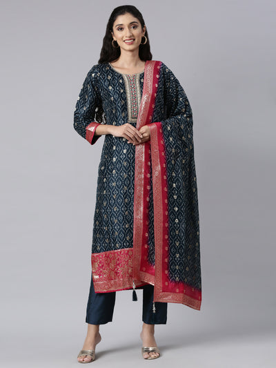 Neerus Blue Panelled Straight Kurta and Trousers With Dupatta