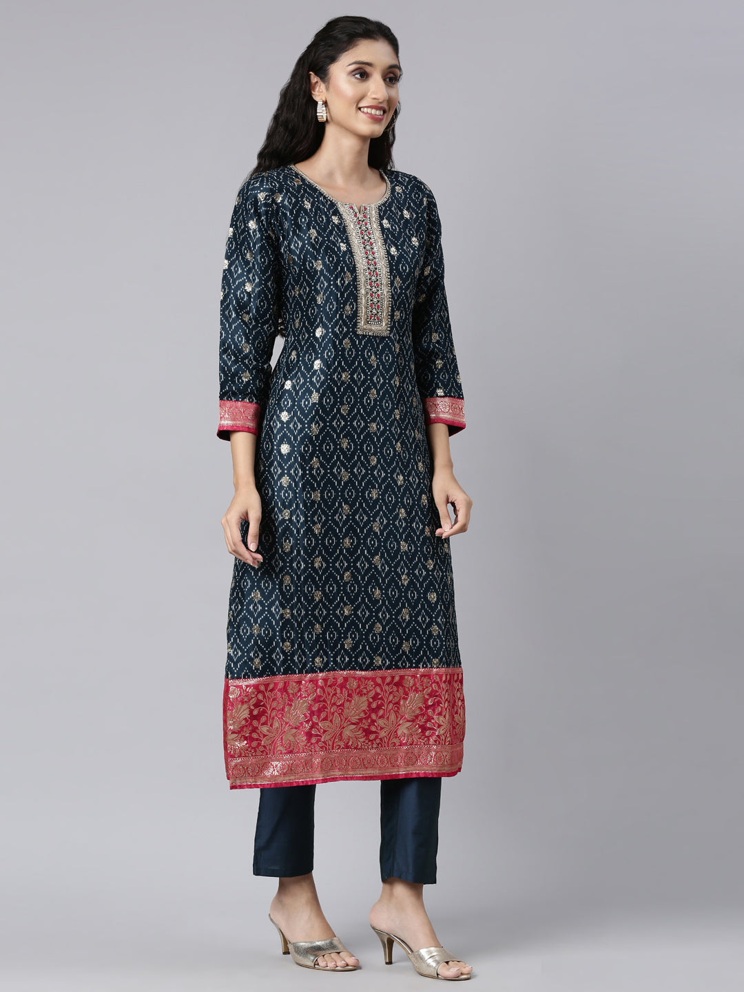 Neerus Blue Panelled Straight Kurta and Trousers With Dupatta