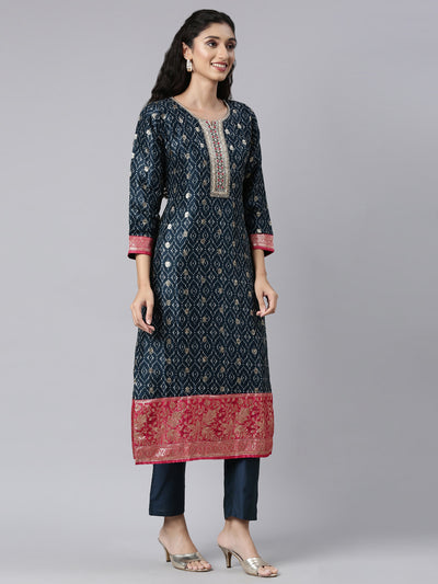 Neerus Blue Panelled Straight Kurta and Trousers With Dupatta