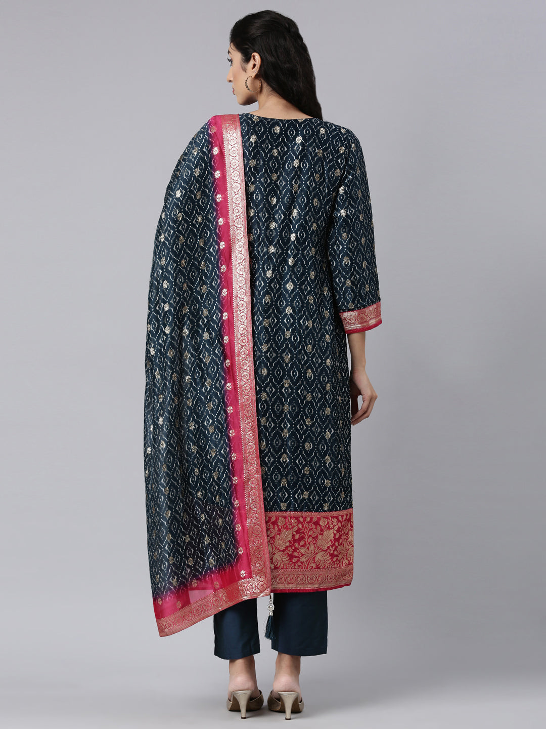 Neerus Blue Panelled Straight Kurta and Trousers With Dupatta