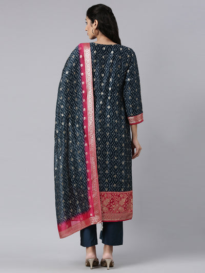Neerus Blue Panelled Straight Kurta and Trousers With Dupatta