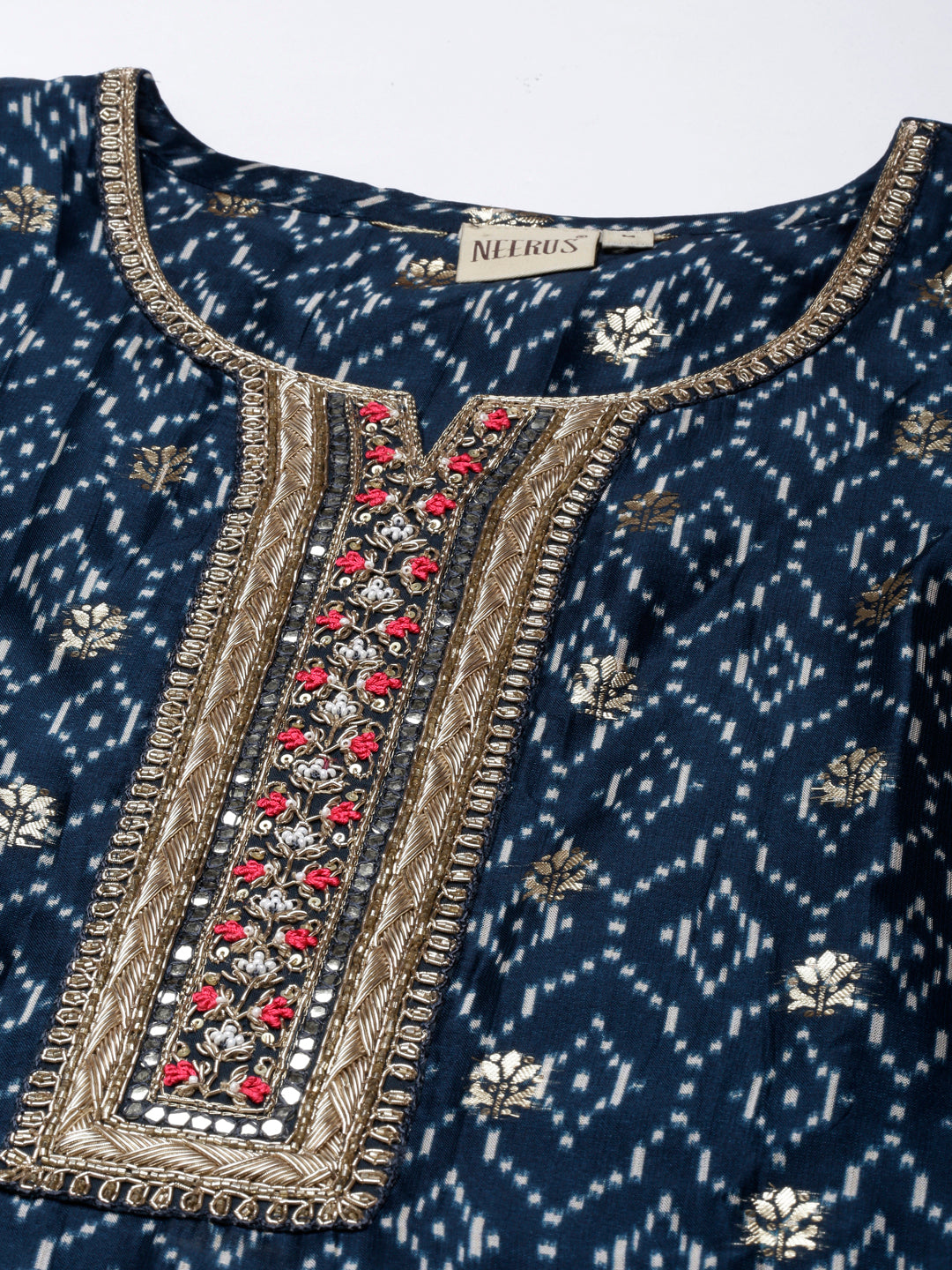 Neerus Blue Panelled Straight Kurta and Trousers With Dupatta