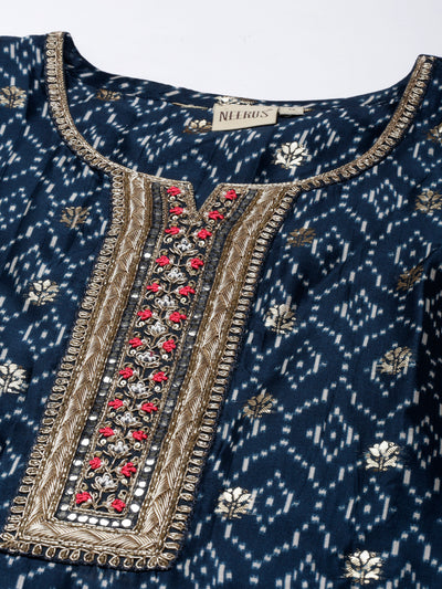 Neerus Blue Panelled Straight Kurta and Trousers With Dupatta