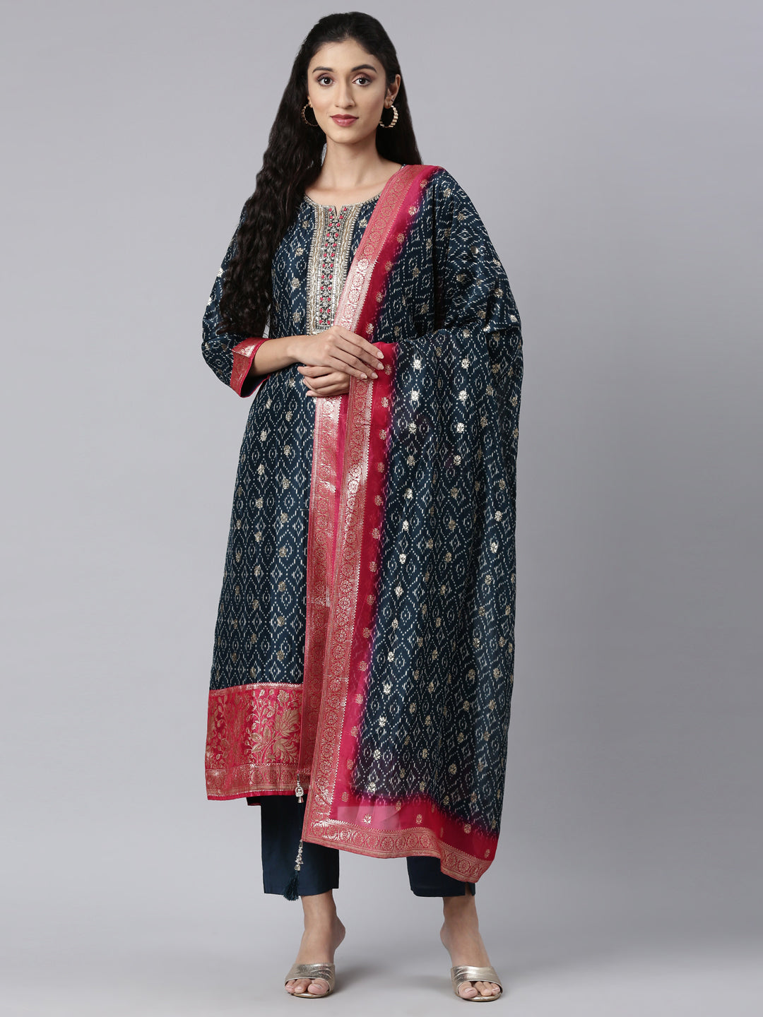 Neerus Blue Panelled Straight Kurta and Trousers With Dupatta