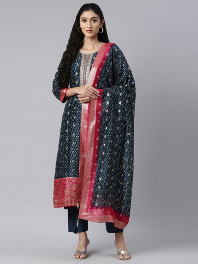 Neerus Blue Panelled Straight Kurta and Trousers With Dupatta