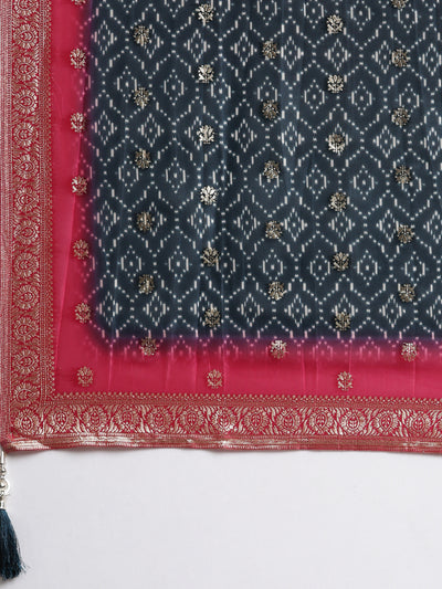 Neerus Blue Panelled Straight Kurta and Trousers With Dupatta