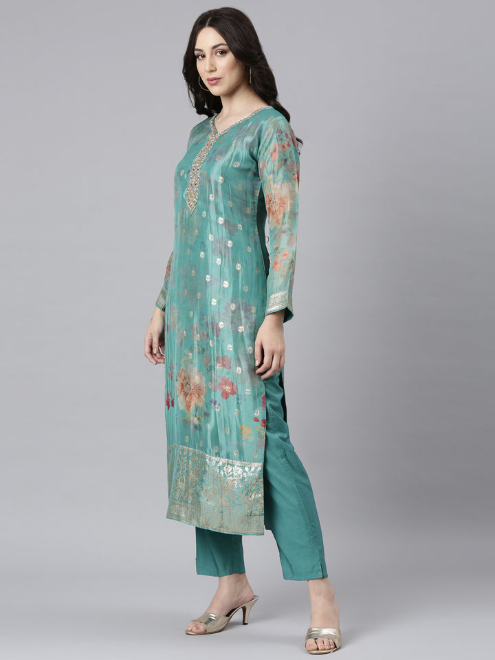 Neerus Green Panelled Straight Kurta and Trousers With Dupatta