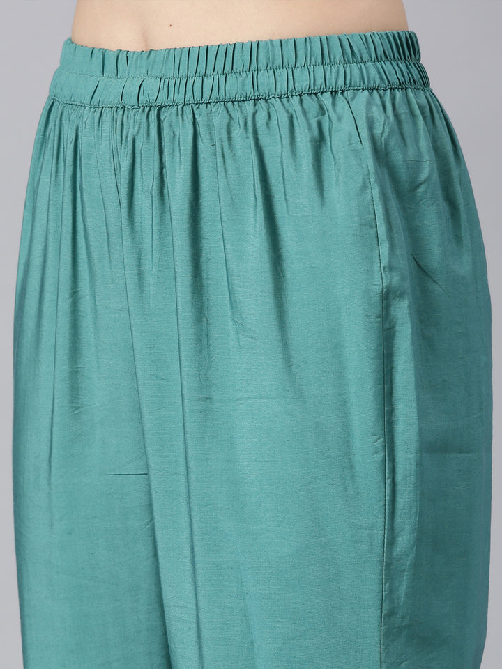 Neerus Green Panelled Straight Kurta and Trousers With Dupatta