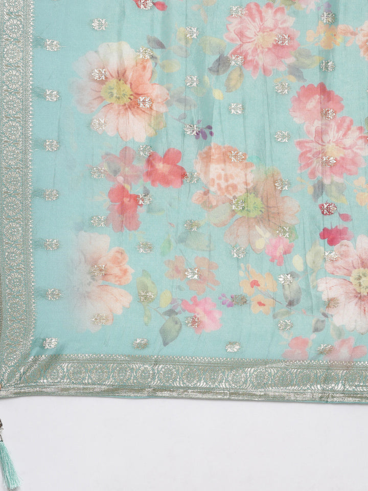 Neerus Green Panelled Straight Kurta and Trousers With Dupatta