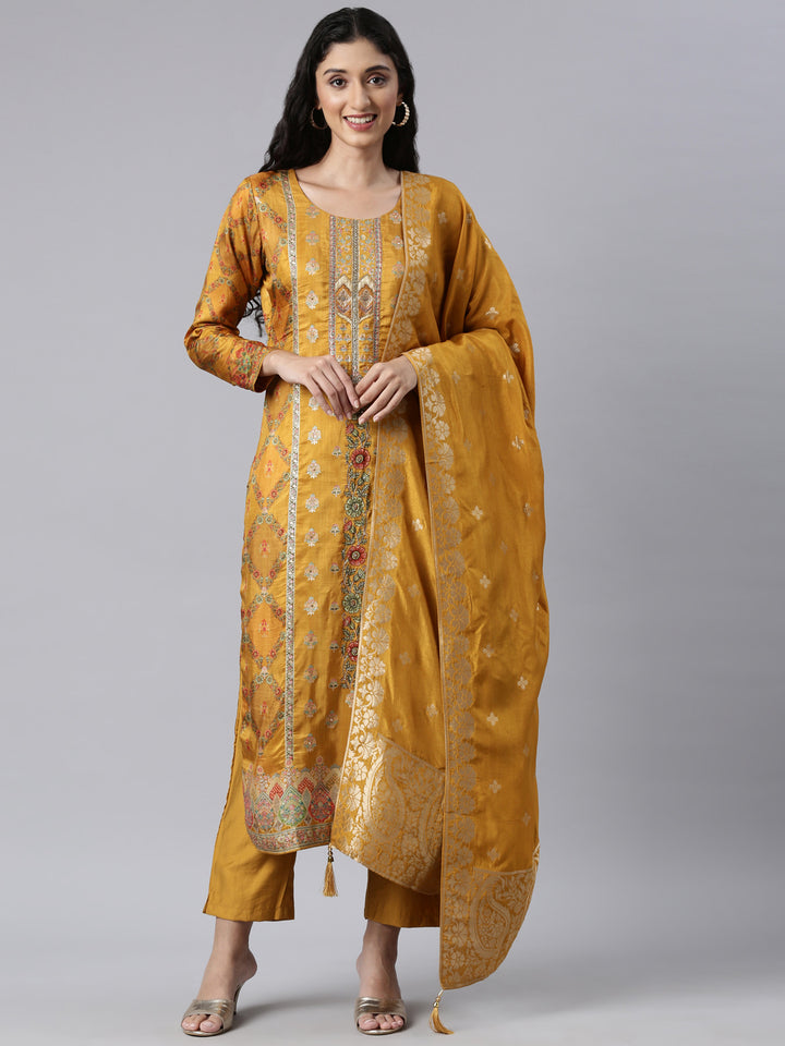Neerus Mustard Panelled Straight Kurta and Trousers With Dupatta