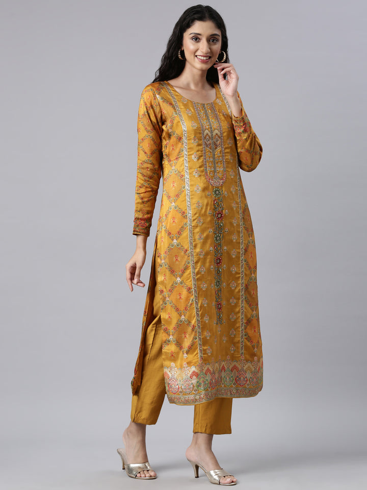 Neerus Mustard Panelled Straight Kurta and Trousers With Dupatta