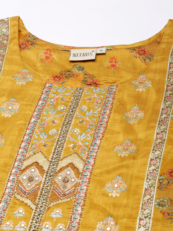 Neerus Mustard Panelled Straight Kurta and Trousers With Dupatta