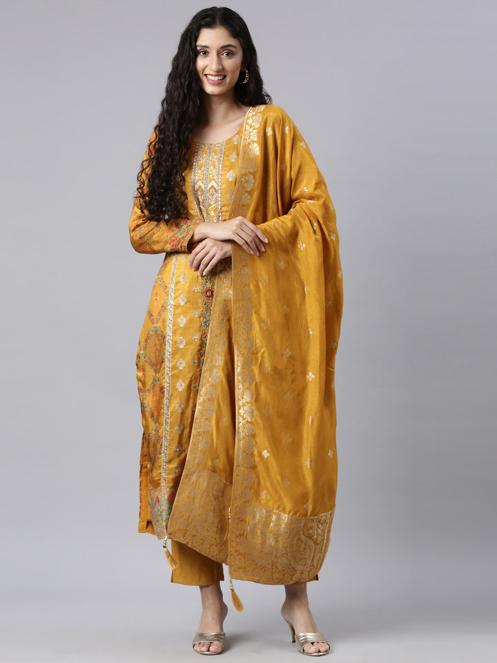 Neerus Mustard Panelled Straight Kurta and Trousers With Dupatta