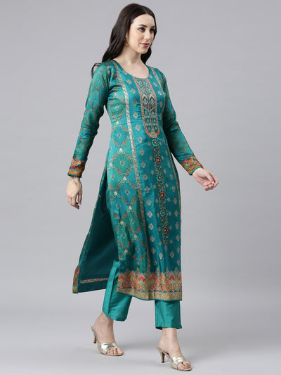 Neerus Green Panelled Straight Kurta and Trousers With Dupatta