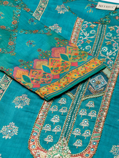 Neerus Green Panelled Straight Kurta and Trousers With Dupatta