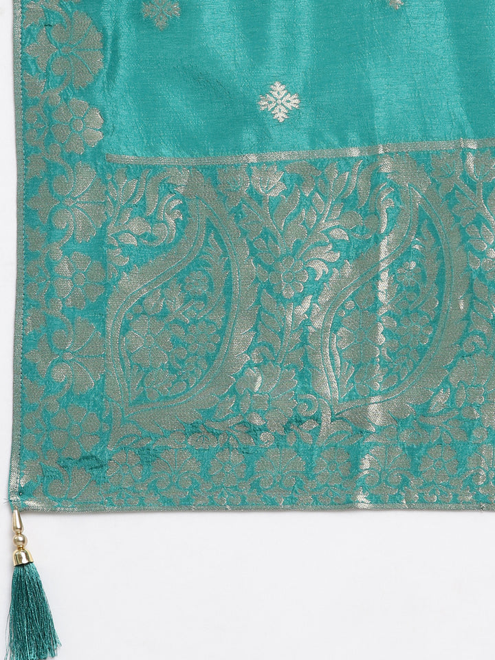 Neerus Green silk panelled straight suit set - detail view 4