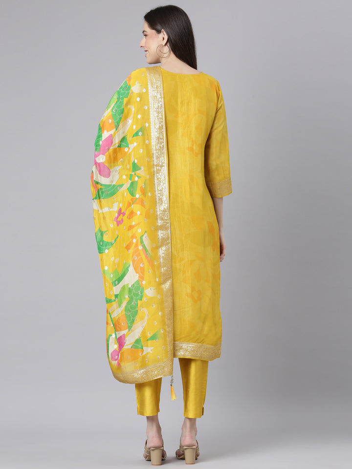 Neerus Mustard Solid Straight Kurta and Trousers With Dupatta