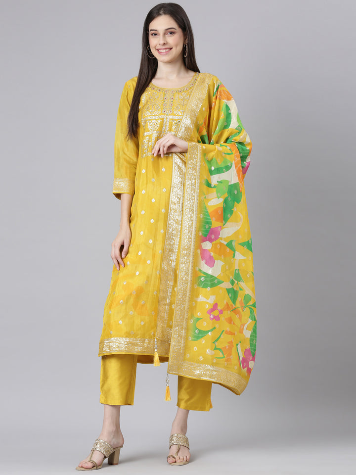 Neerus Mustard Solid Straight Kurta and Trousers With Dupatta