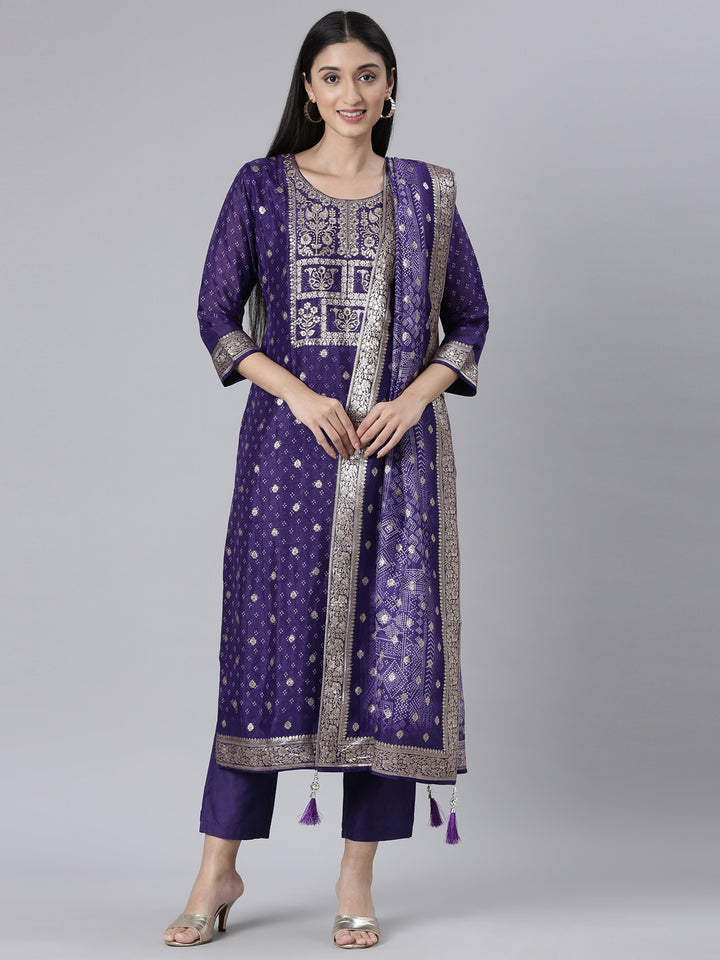 Neerus Purple Printed Straight Kurta and Trousers With Dupatta