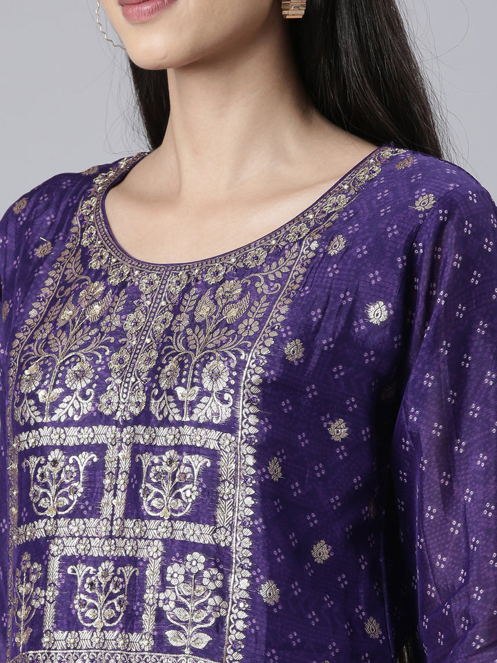 Neerus Purple Printed Straight Kurta and Trousers With Dupatta
