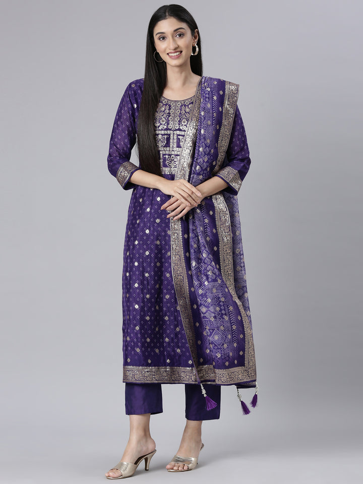 Neerus Purple Printed Straight Kurta and Trousers With Dupatta
