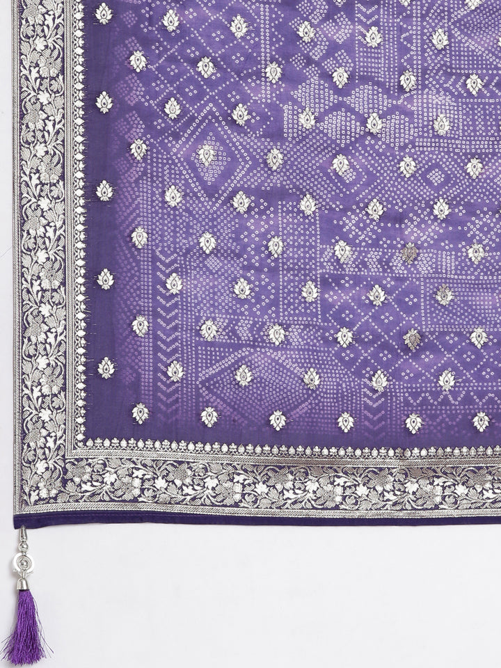 Neerus Purple Printed Straight Kurta and Trousers With Dupatta