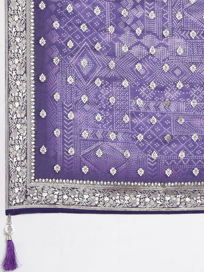 Neerus Purple Printed Straight Kurta and Trousers With Dupatta