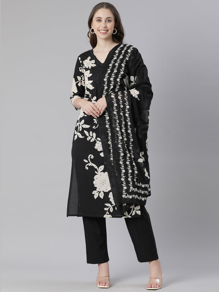Neerus Black Printed Straight Kurta and Trousers With Dupatta