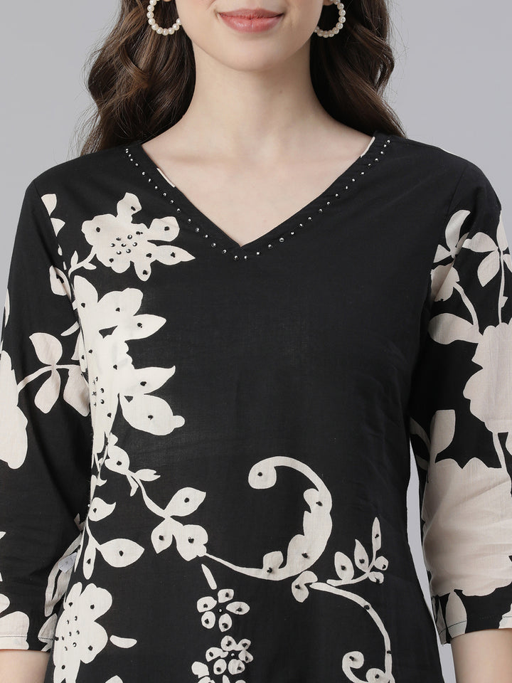 Neerus Black Printed Straight Kurta and Trousers With Dupatta
